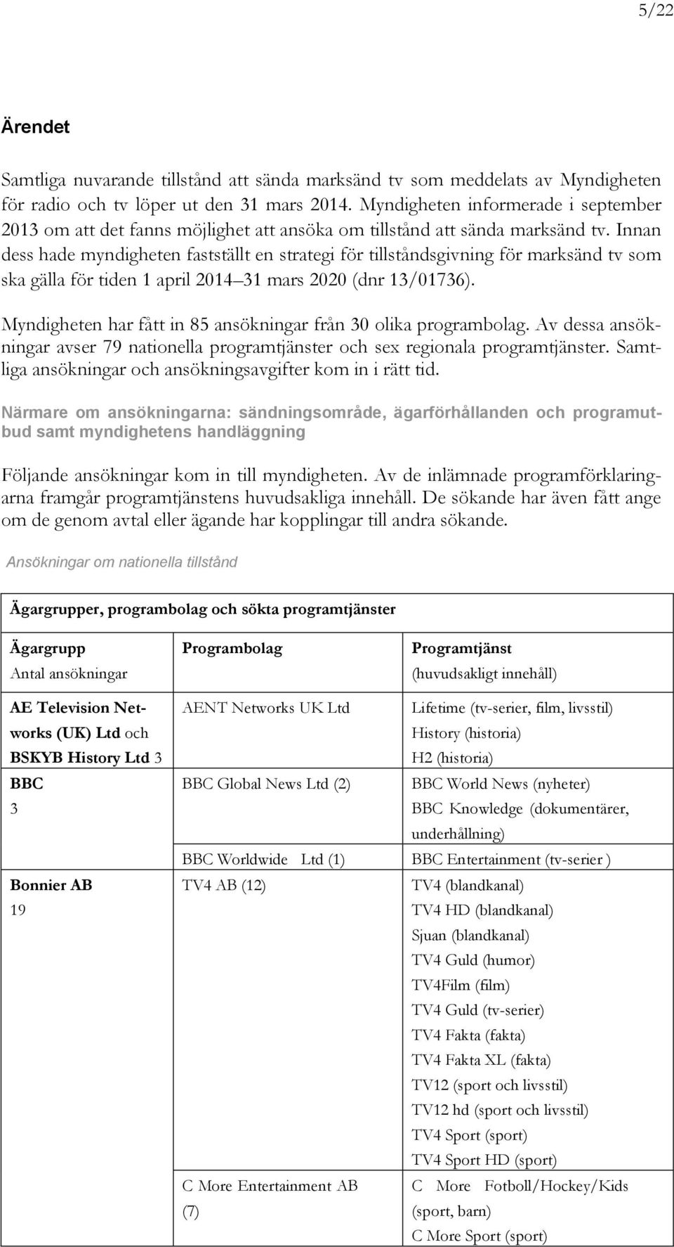 Innan dess hade myndigheten fastställt en strategi för tillståndsgivning för marksänd tv som ska gälla för tiden 1 april 2014 31 mars 2020 (dnr 13/01736).