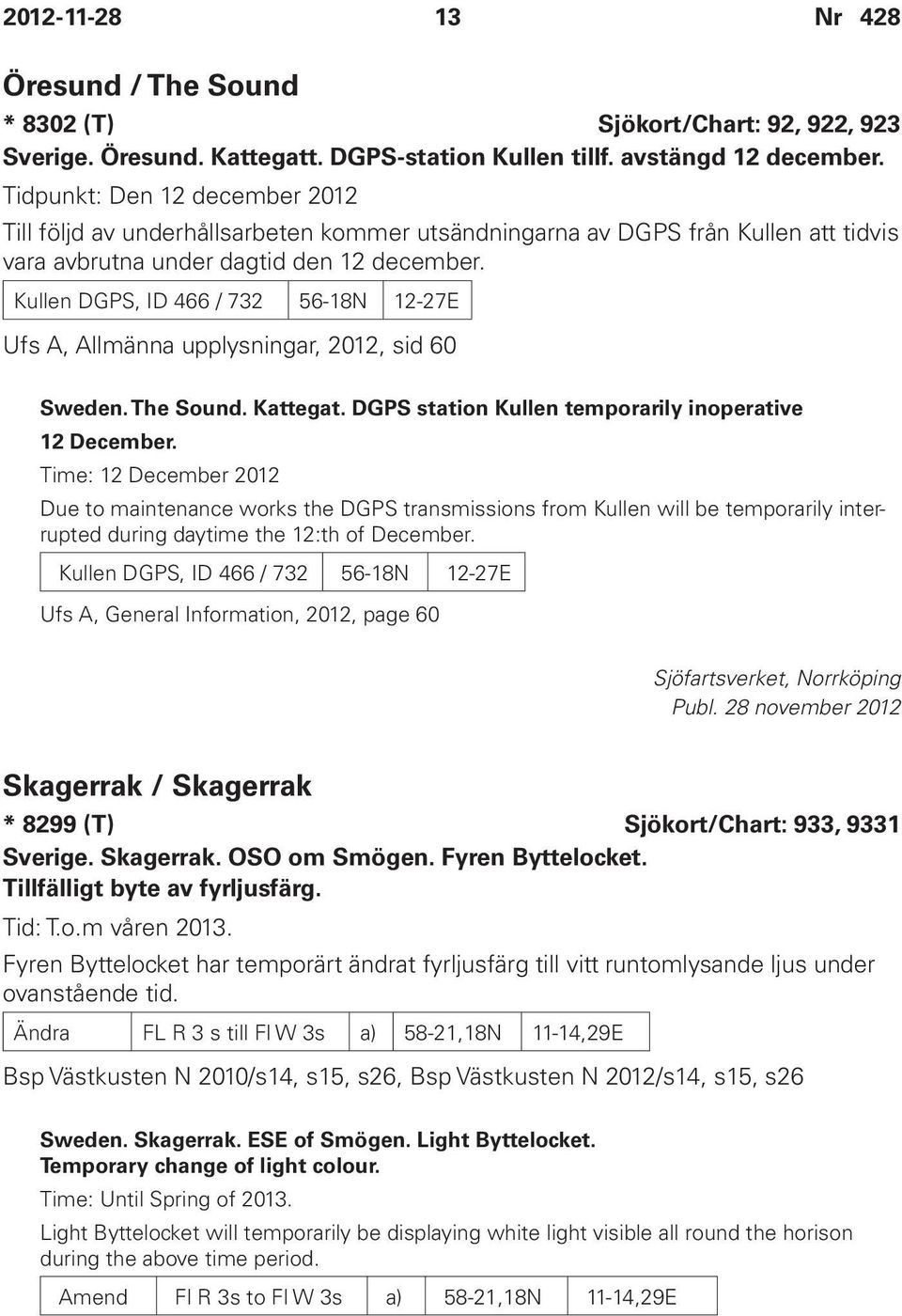 Kullen DGPS, ID 466 / 732 56-18N 12-27E Ufs A, Allmänna upplysningar, 2012, sid 60 Sweden. The Sound. Kattegat. DGPS station Kullen temporarily inoperative 12 December.