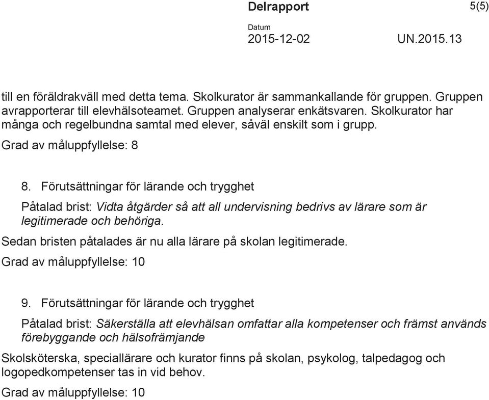 Förutsättningar för lärande och trygghet Påtalad brist: Vidta åtgärder så att all undervisning bedrivs av lärare som är legitimerade och behöriga.