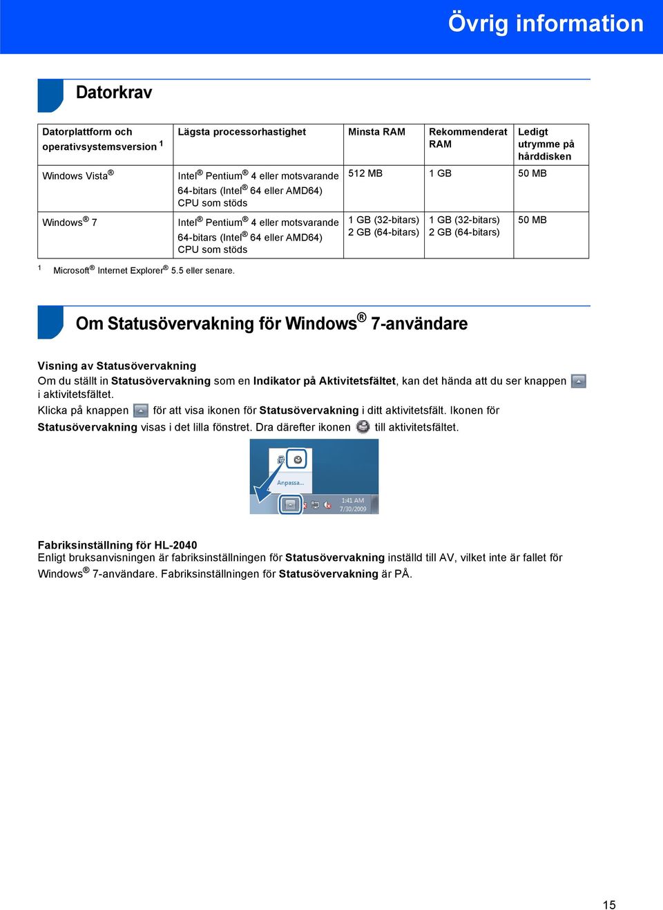 50MB GB (32-bitars) 2 GB (64-bitars) GB (32-bitars) 2 GB (64-bitars) 50 MB 2 Om Statusövervakning för 7-användare Visning av Statusövervakning Om du ställt in Statusövervakning som en Indikator på