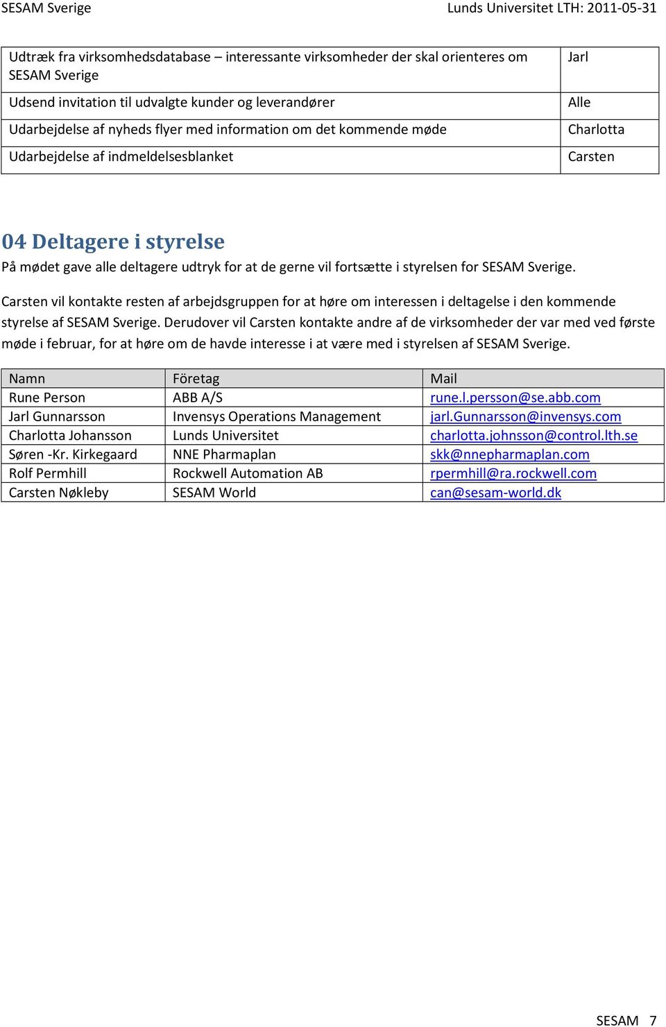 vil kontakte resten af arbejdsgruppen for at høre om interessen i deltagelse i den kommende styrelse af SESAM Sverige.