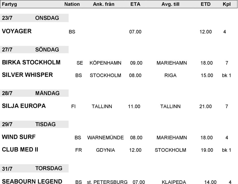 00 RIGA 15.00 bk 1 28/7 MÅNDAG SILJA EUROPA FI TALLINN 11.00 TALLINN 21.