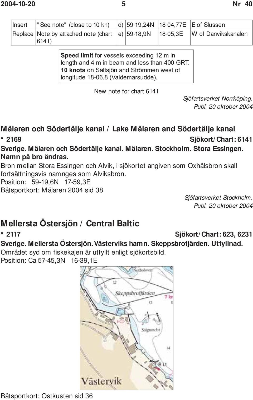 Mälaren och Södertälje kanal / Lake Mälaren and Södertälje kanal * 2169 Sjökort/Chart: 6141 Sverige. Mälaren och Södertälje kanal. Mälaren. Stockholm. Stora Essingen. Namn på bro ändras.