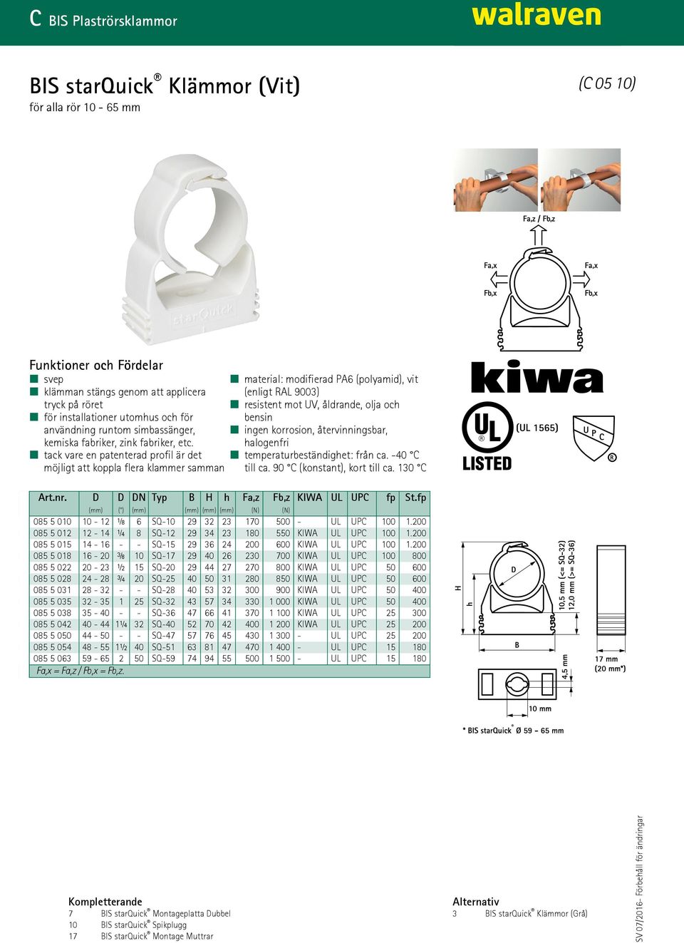 tack vare en patenterad profil är det möjligt att koppla flera klammer samman material: modifierad PA6 (polyamid), vit (enligt RAL 9003) resistent mot UV, åldrande, olja och bensin ingen korrosion,