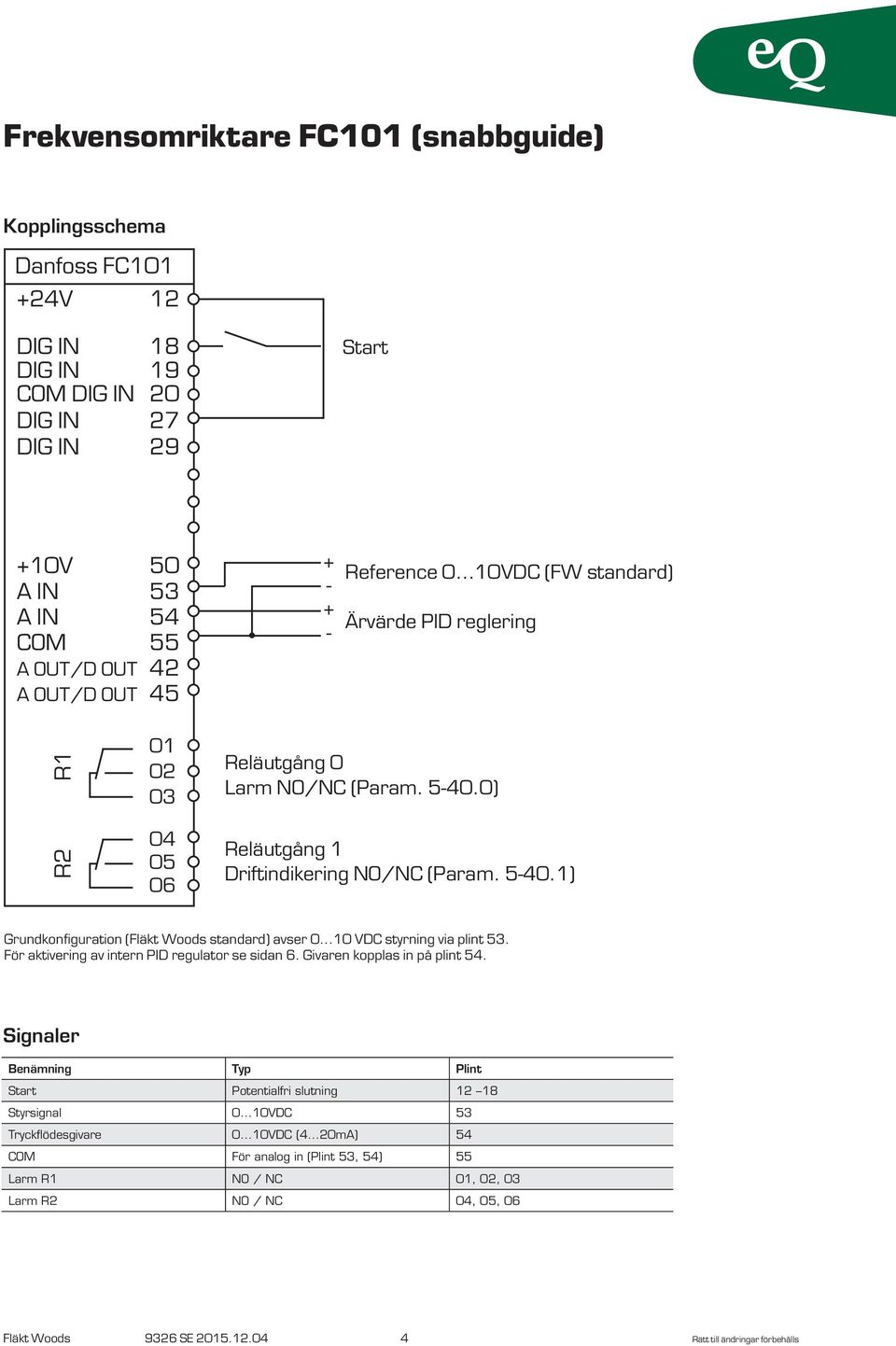 ..10 VDC styrning via plint 53. För aktivering av intern PID regulator se sidan 6. Givaren kopplas in på plint 54. Signaler Benämning Typ Plint Start Potentialfri slutning 12 18 Styrsignal 0.