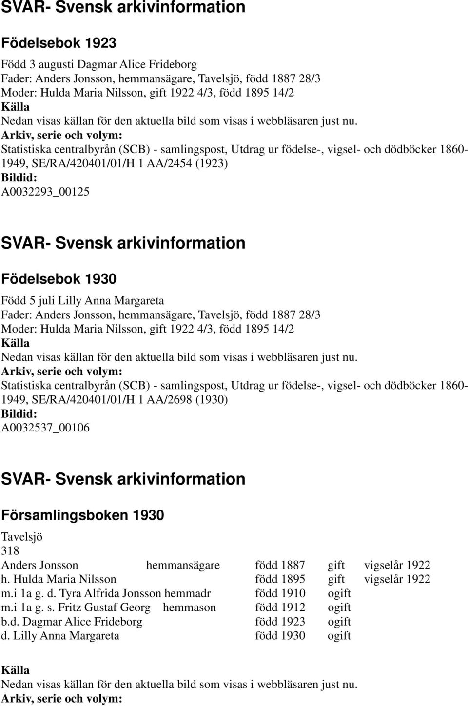 1949, SE/RA/420401/01/H 1 AA/2698 (1930) A0032537_00106 Församlingsboken 1930 Tavelsjö 318 Anders Jonsson hemmansägare född 1887 gift vigselår 1922 h.