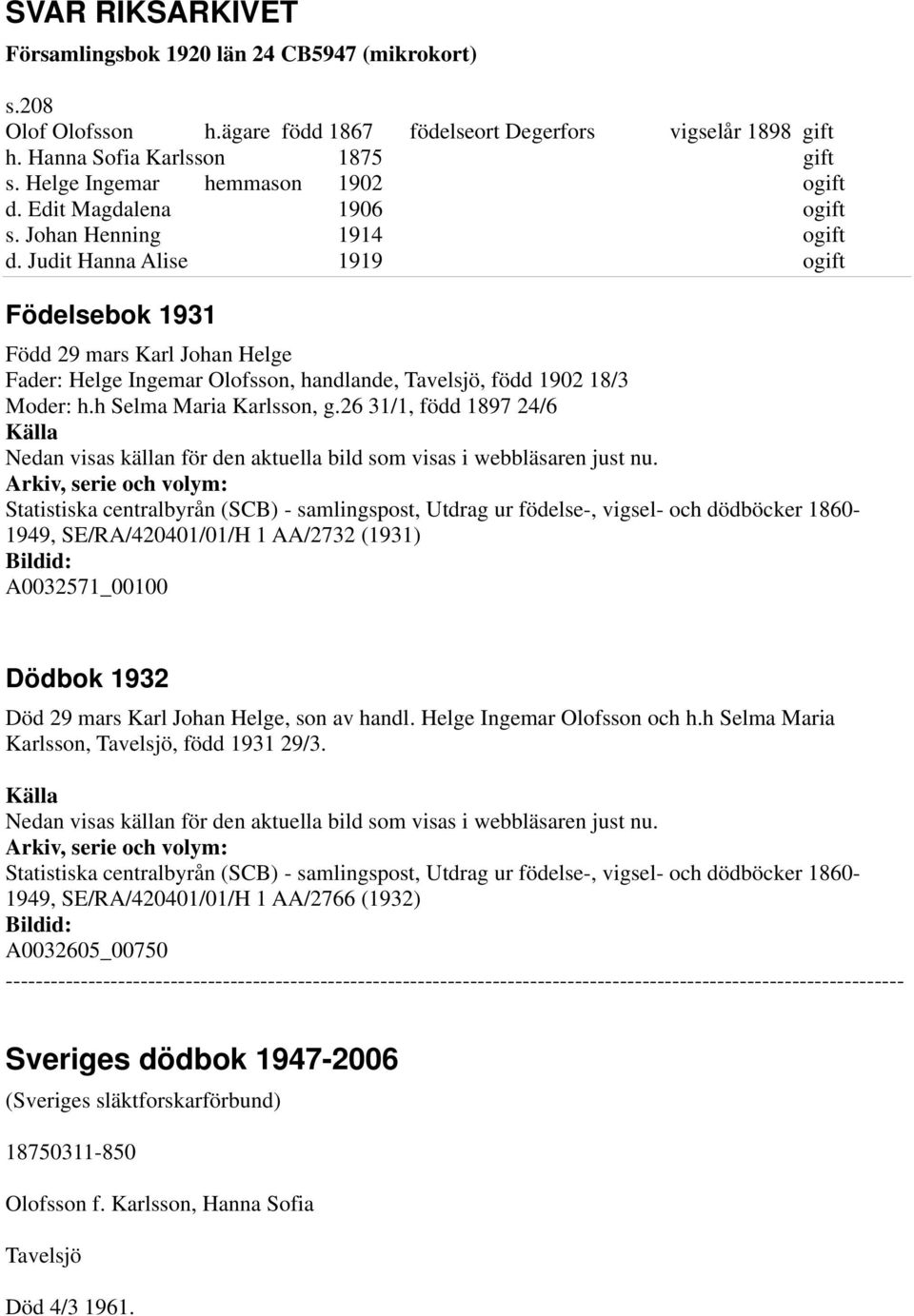Judit Hanna Alise 1919 ogift Födelsebok 1931 Född 29 mars Karl Johan Helge Fader: Helge Ingemar Olofsson, handlande, Tavelsjö, född 1902 18/3 Moder: h.h Selma Maria Karlsson, g.