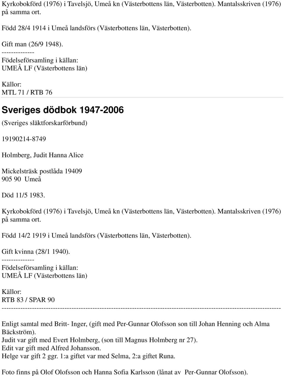 Umeå Död 11/5 1983. Kyrkobokförd (1976) i Tavelsjö, Umeå kn (Västerbottens län, Västerbotten). Mantalsskriven (1976) på samma ort. Född 14/2 1919 i Umeå landsförs (Västerbottens län, Västerbotten).
