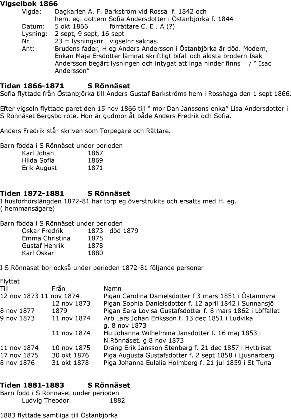 Modern, Enkan Maja Ersdotter lämnat skriftligt bifall och äldsta brodern Isak Andersson begärt lysningen och intygat att inga hinder finns / Isac Andersson Tiden 1866-1871 S Rönnäset Sofia flyttade