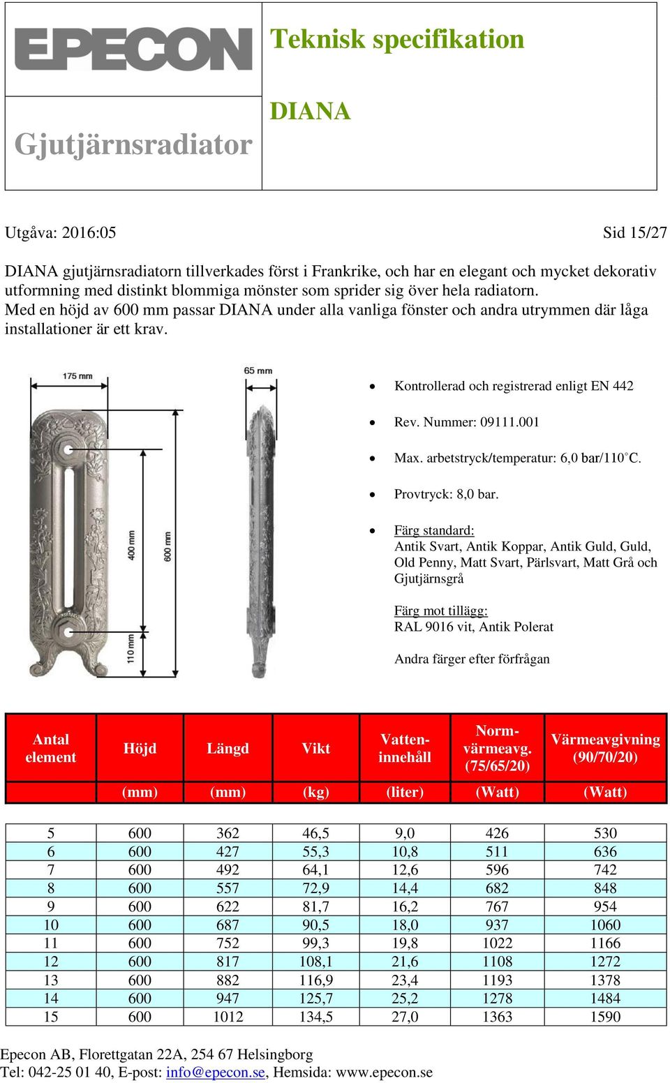 Nummer: 09111.001 Max. arbetstryck/temperatur: 6,0 bar/110 C. Provtryck: 8,0 bar.