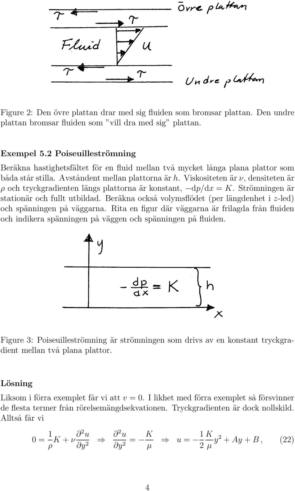 Viskositeten är ν, densiteten är ρ och tryckgradienten längs plattorna är konstant, dp/dx = K. Strömningen är stationär och fullt utbildad.