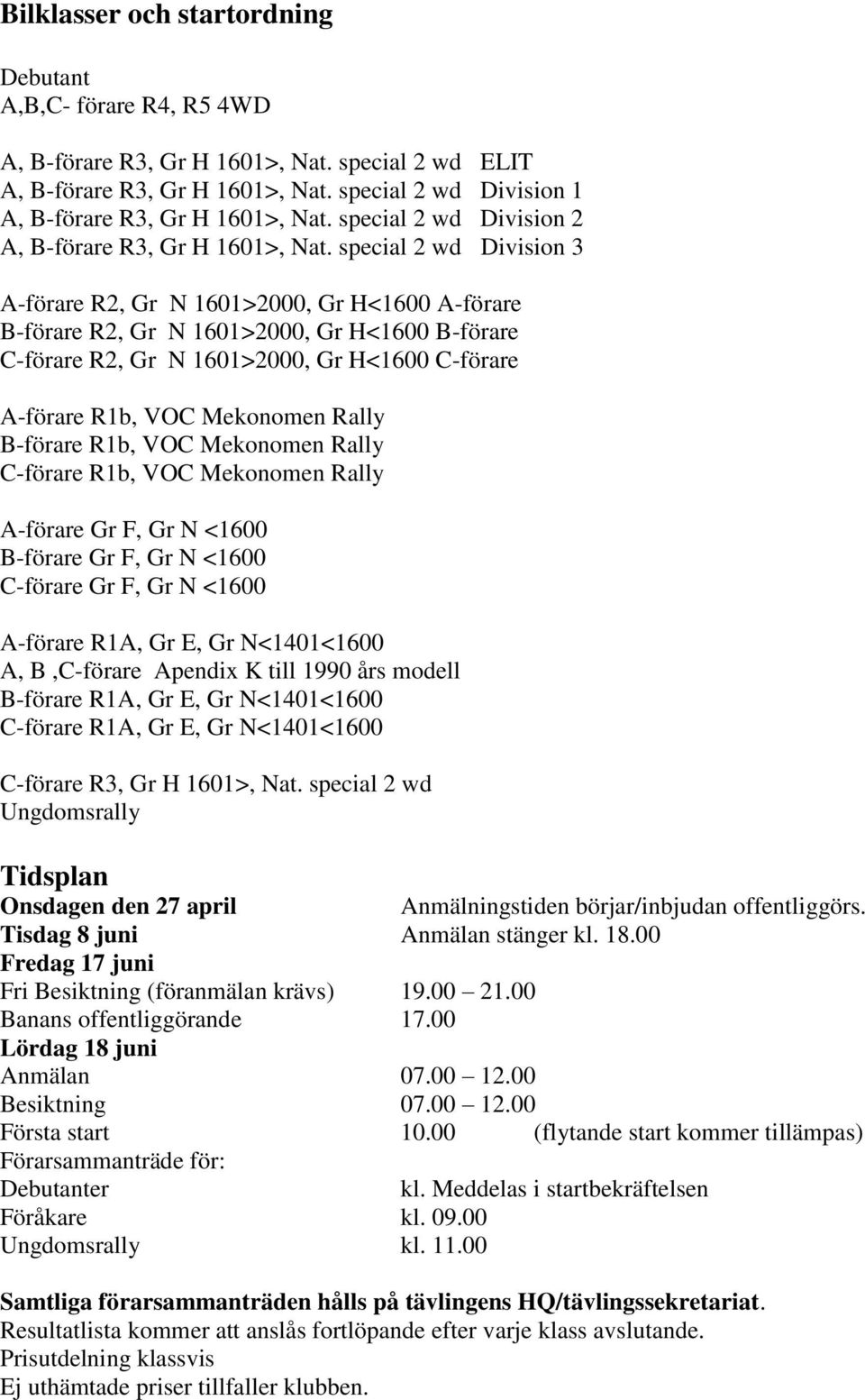 special 2 wd Division 3 A-förare R2, Gr N 1601>2000, Gr H<1600 A-förare B-förare R2, Gr N 1601>2000, Gr H<1600 B-förare C-förare R2, Gr N 1601>2000, Gr H<1600 C-förare A-förare R1b, VOC Mekonomen