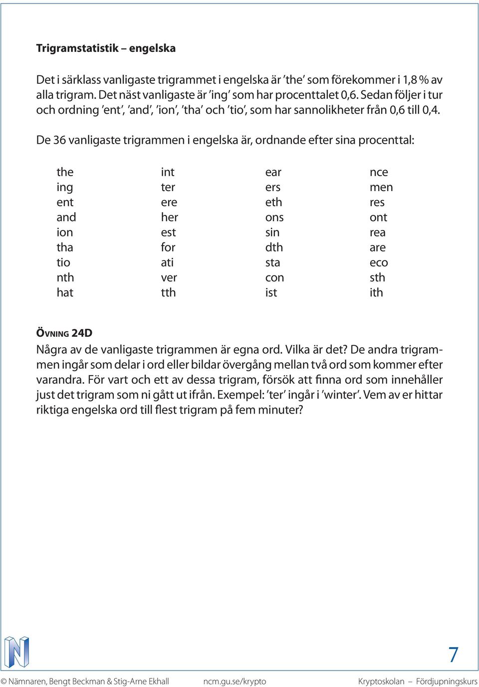 De 36 vnlige rigrmmen i engelk är, ordnnde efer in procenl: he ing en nd ion h io nh h in er ere her e for i ver h er er eh on in dh con i nce men re on re re eco h ih Övning