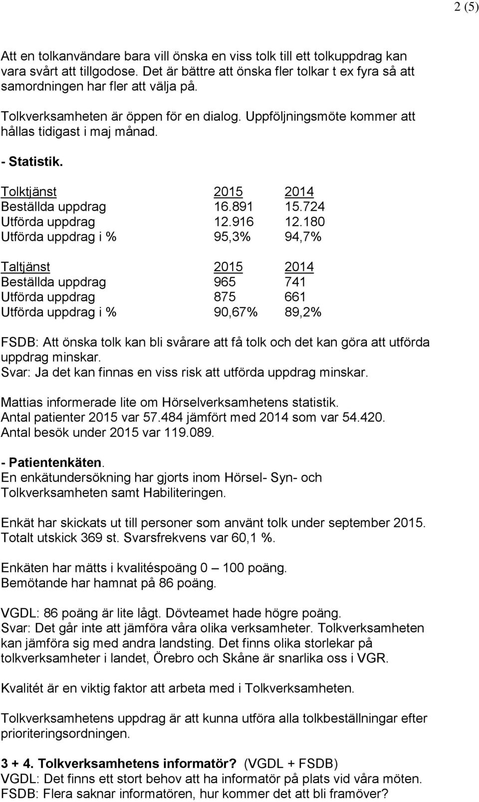 180 Utförda uppdrag i % 95,3% 94,7% Taltjänst 2015 2014 Beställda uppdrag 965 741 Utförda uppdrag 875 661 Utförda uppdrag i % 90,67% 89,2% FSDB: Att önska tolk kan bli svårare att få tolk och det kan