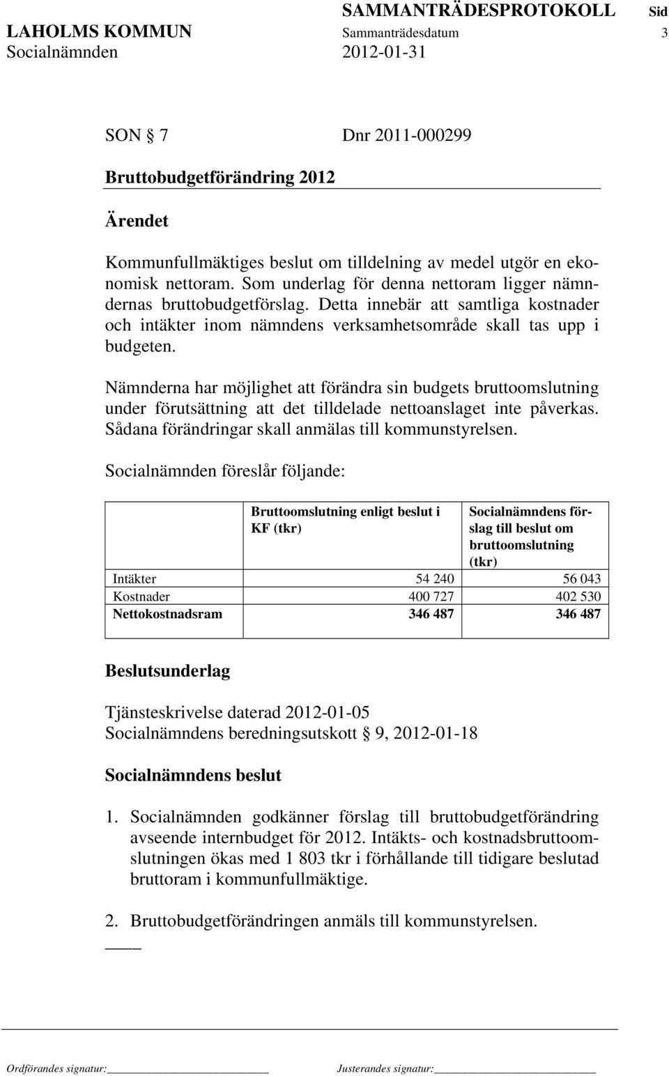 Nämnderna har möjlighet att förändra sin budgets bruttoomslutning under förutsättning att det tilldelade nettoanslaget inte påverkas. Sådana förändringar skall anmälas till kommunstyrelsen.