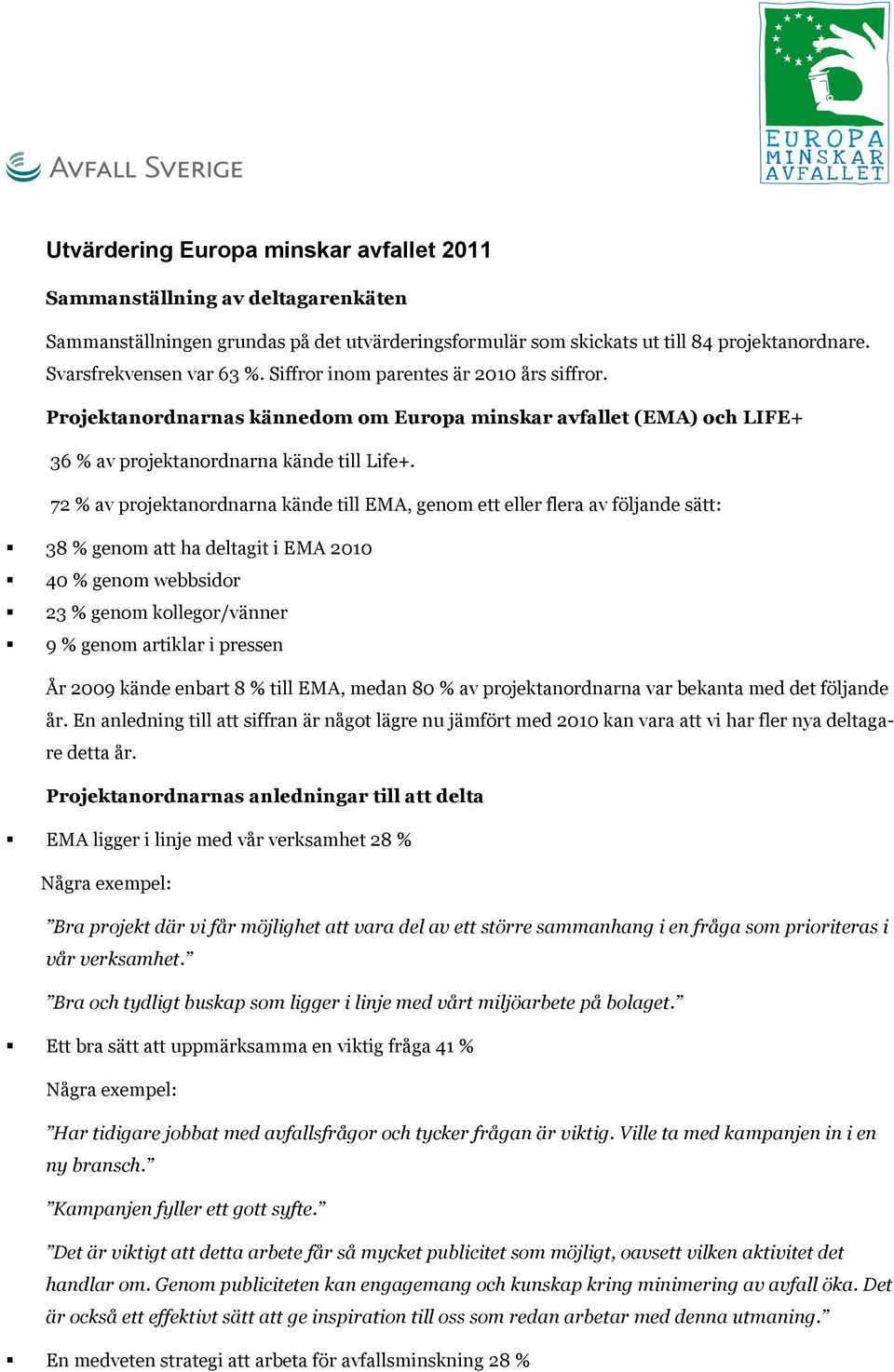 7 % av projektanordnarna kände till EMA, genom ett eller flera av följande sätt: 38 % genom att ha deltagit i EMA 00 0 % genom webbsidor 3 % genom kollegor/vänner 9 % genom artiklar i pressen År 009