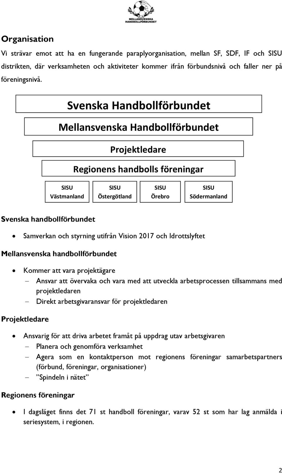 utifrån Vision 2017 och Idrottslyftet Mellansvenska handbollförbundet Kommer att vara projektägare Ansvar att övervaka och vara med att utveckla arbetsprocessen tillsammans med projektledaren Direkt