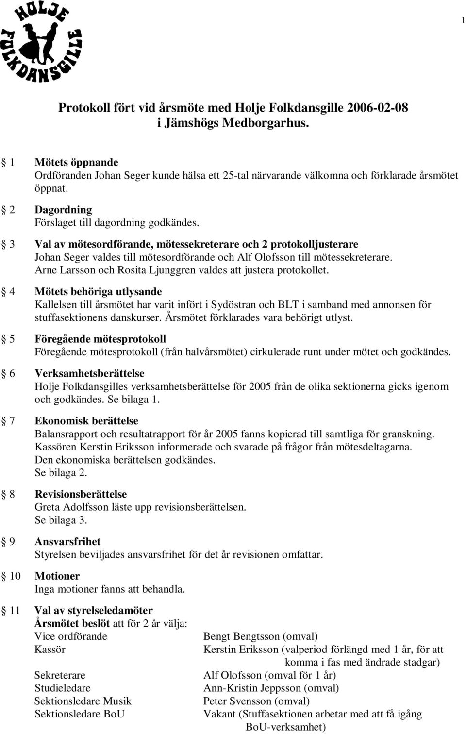 3 Val av mötesordförande, mötessekreterare och 2 protokolljusterare Johan Seger valdes till mötesordförande och Alf Olofsson till mötessekreterare.