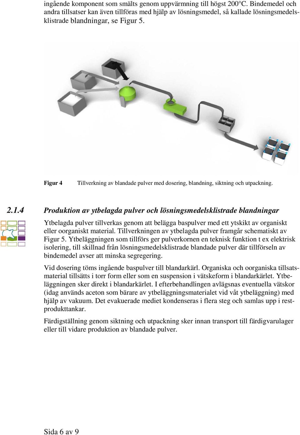 Figur 4 Tillverkning av blandade pulver med dosering, blandning, siktning och utpackning. 2.1.