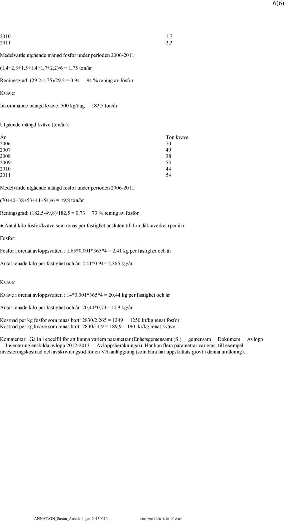 (70+40+38+53+44+54)/6 = 49,8 ton/år Reningsgrad: (182,5-49,8)/182,5 = 0,73 73 % rening av fosfor Antal kilo fosfor/kväve som renas per fastighet ansluten till Lundåkraverket (per år): Fosfor: Fosfor