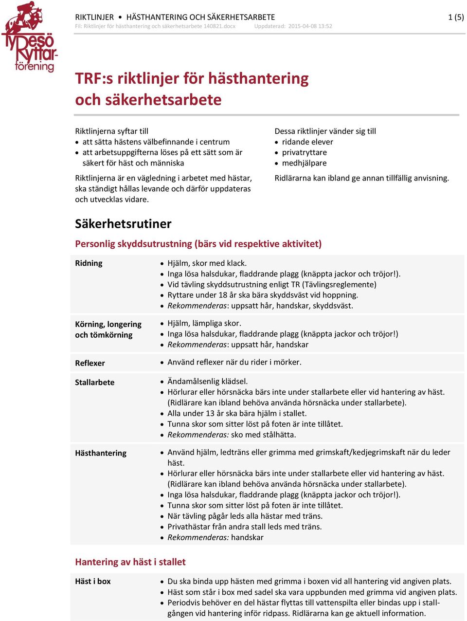 Dessa riktlinjer vänder sig till ridande elever privatryttare medhjälpare Ridlärarna kan ibland ge annan tillfällig anvisning.