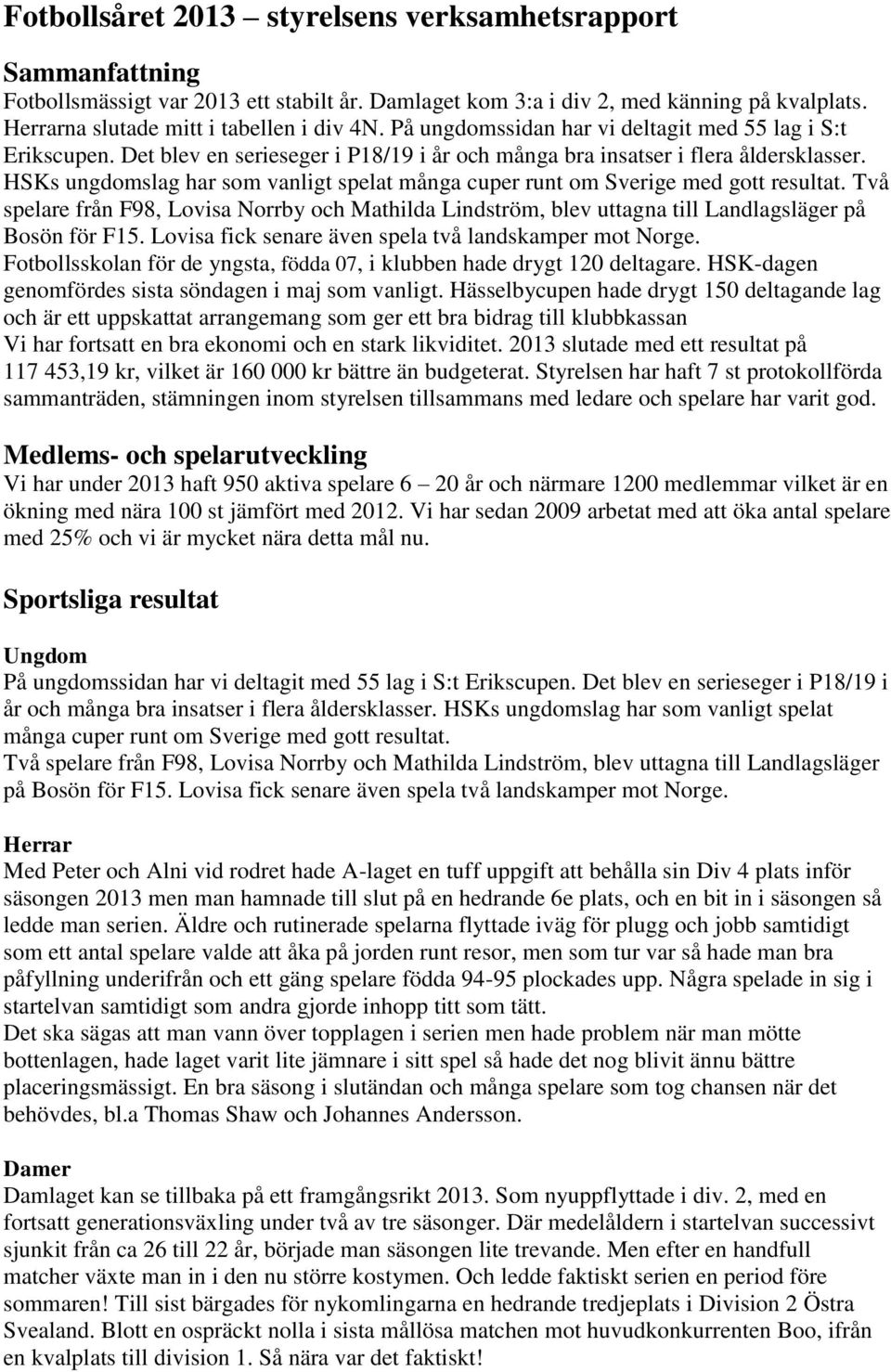 HSKs ungdomslag har som vanligt spelat många cuper runt om Sverige med gott resultat. Två spelare från F98, Lovisa Norrby och Mathilda Lindström, blev uttagna till Landlagsläger på Bosön för F15.