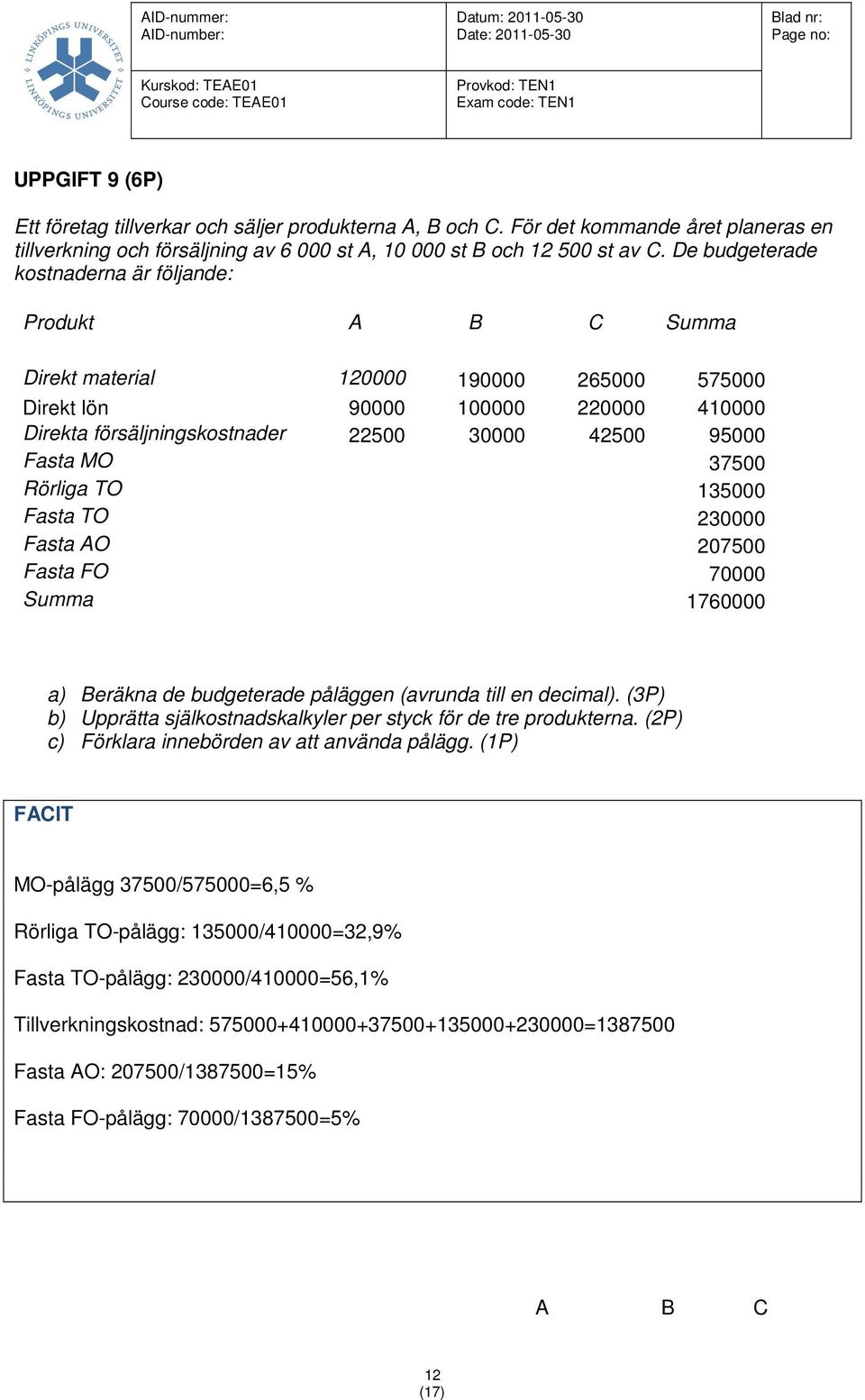 Fasta MO 37500 Rörliga TO 135000 Fasta TO 230000 Fasta AO 207500 Fasta FO 70000 Summa 1760000 a) Beräkna de budgeterade påläggen (avrunda till en decimal).