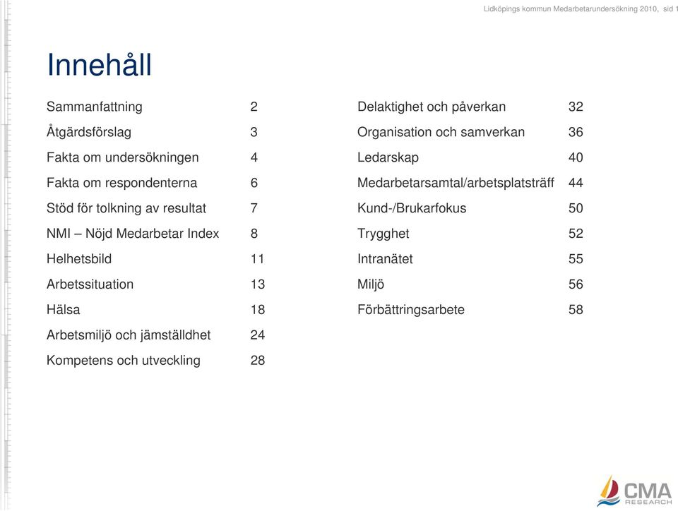 Hälsa 18 Delaktighet och påverkan 32 Organisation och samverkan 36 Ledarskap 40 Medarbetarsamtal/arbetsplatsträff 44