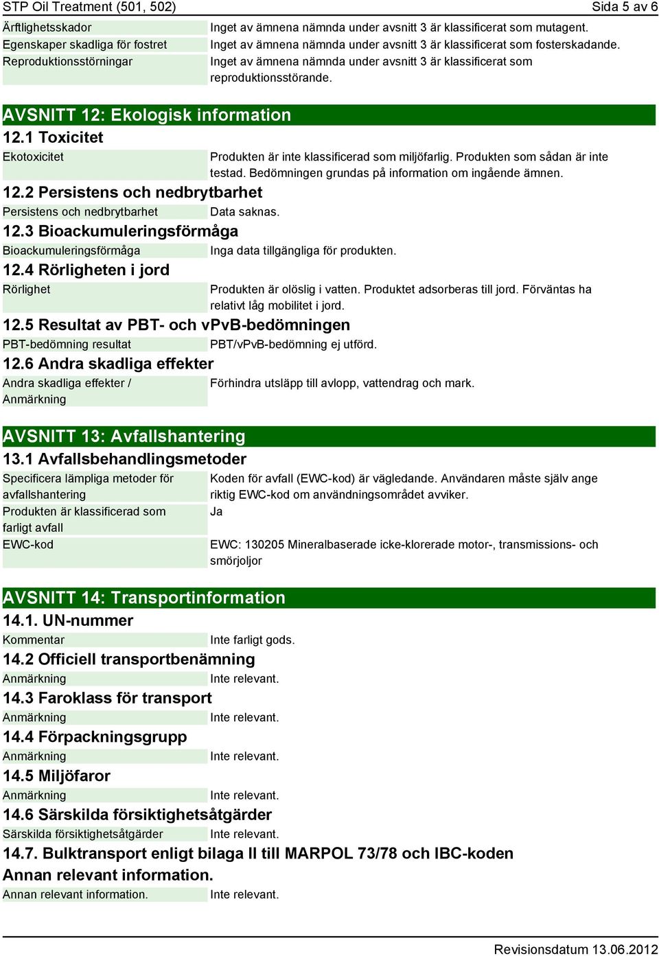 5 Resultat av PBT- och vpvb-bedömningen PBT-bedömning resultat PBT/vPvB-bedömning ej utförd. 12.6 Andra skadliga effekter Andra skadliga effekter / AVSNITT 13: Avfallshantering 13.
