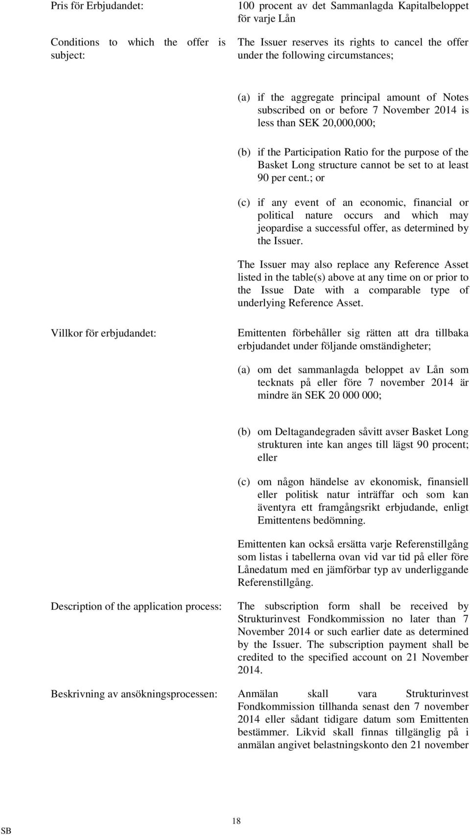 structure cannot be set to at least 90 per cent.; or (c) if any event of an economic, financial or political nature occurs and which may jeopardise a successful offer, as determined by the Issuer.