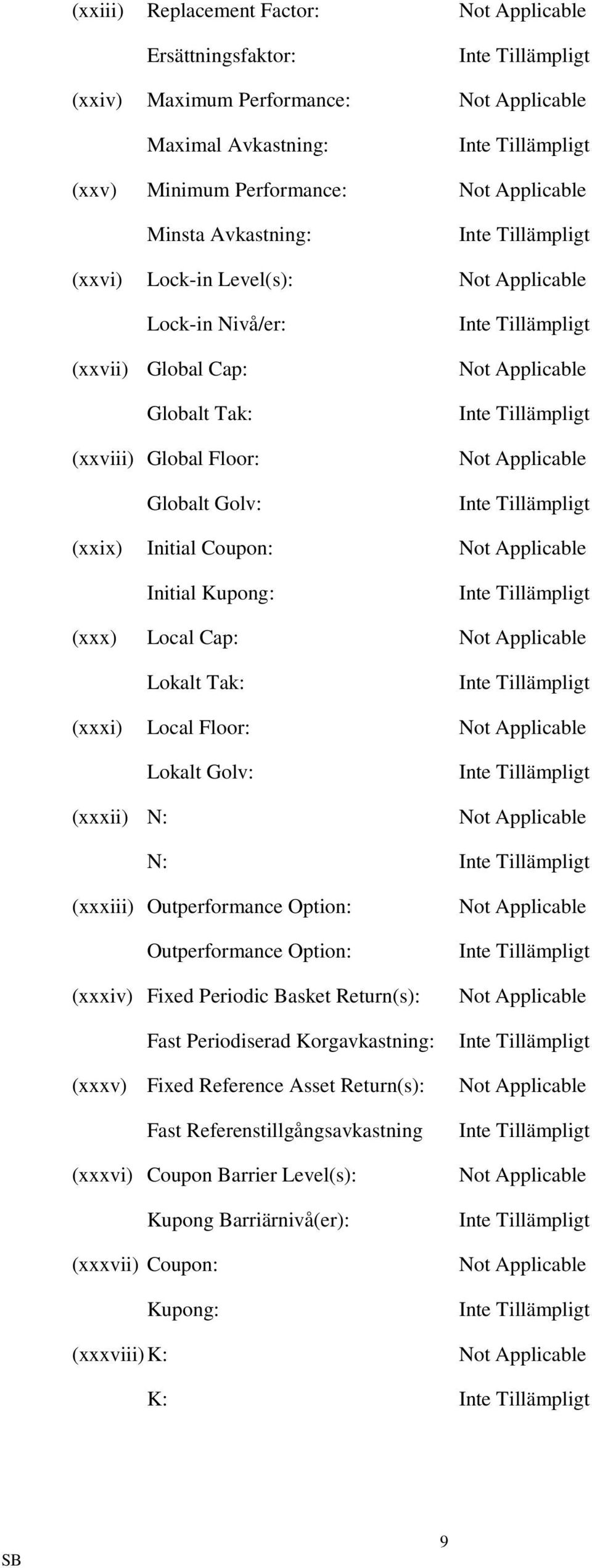 Kupong: (xxx) Local Cap: Not Applicable Lokalt Tak: (xxxi) Local Floor: Not Applicable (xxxii) N: Lokalt Golv: Not Applicable N: (xxxiii) Outperformance Option: Outperformance Option: (xxxiv) Fixed