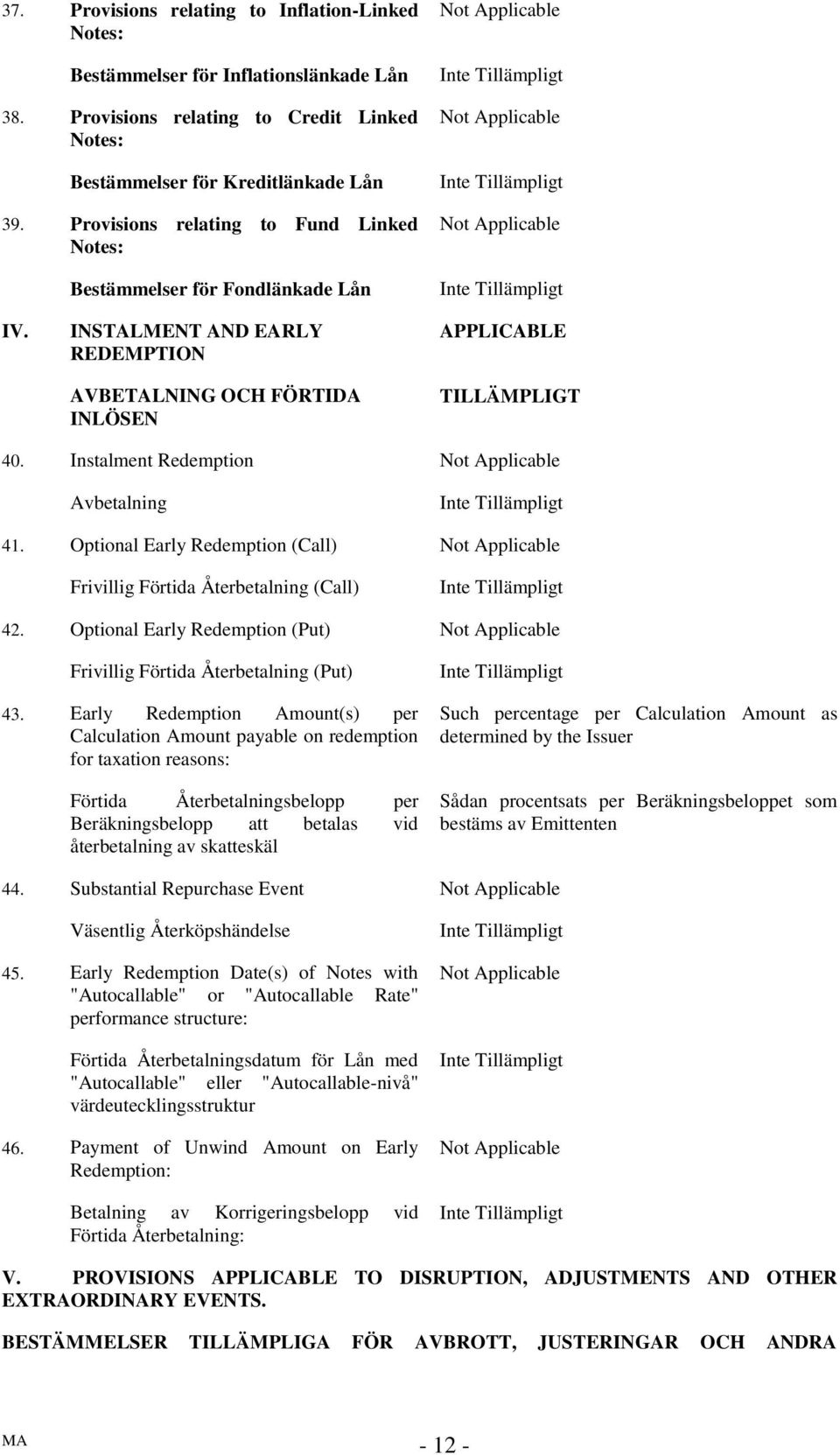 Instalment Redemption Avbetalning 41. Optional Early Redemption (Call) Frivillig Förtida Återbetalning (Call) 42. Optional Early Redemption (Put) Frivillig Förtida Återbetalning (Put) 43.