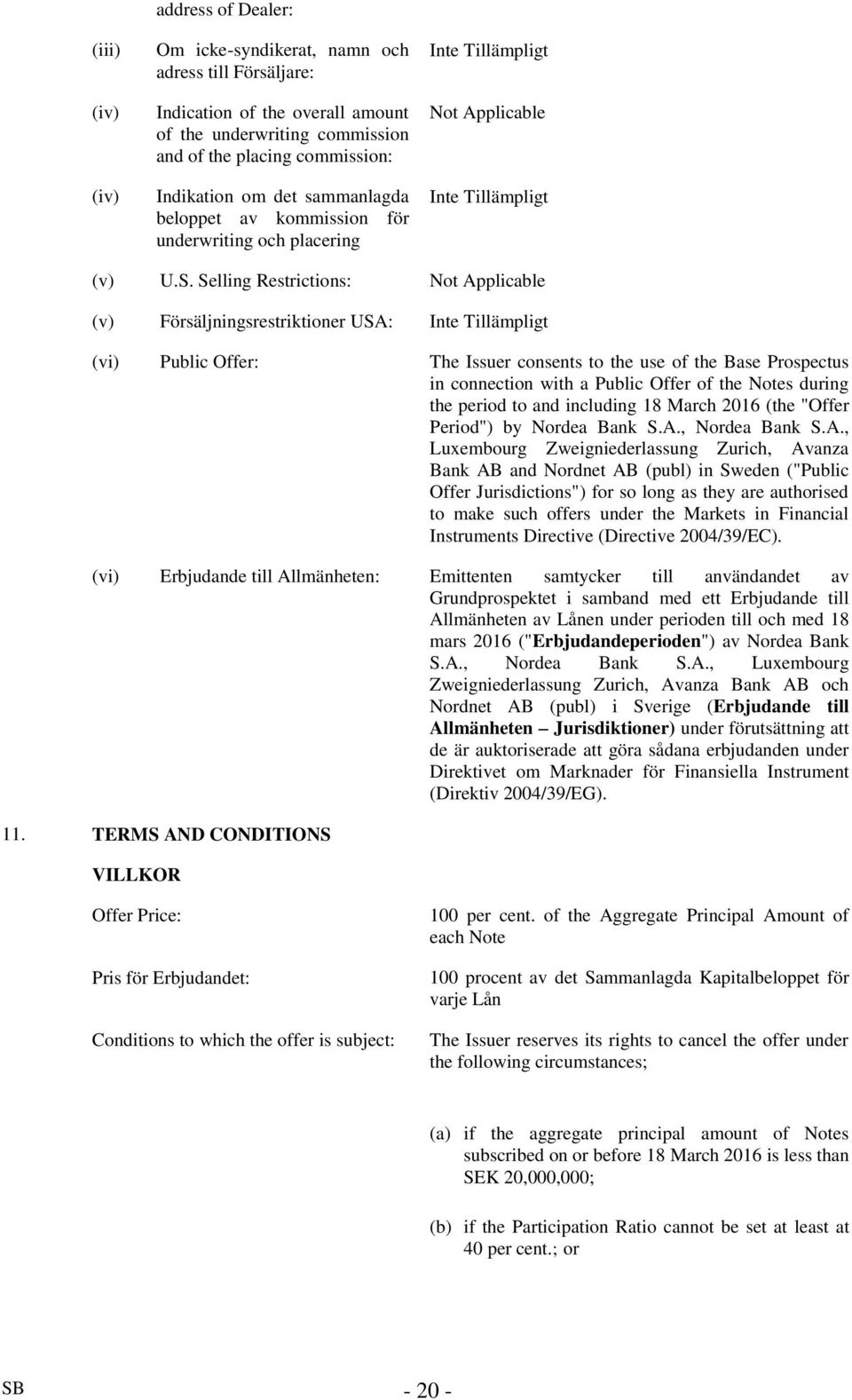 Selling Restrictions: Not Applicable (v) Försäljningsrestriktioner USA: (vi) Public Offer: The Issuer consents to the use of the Base Prospectus in connection with a Public Offer of the Notes during