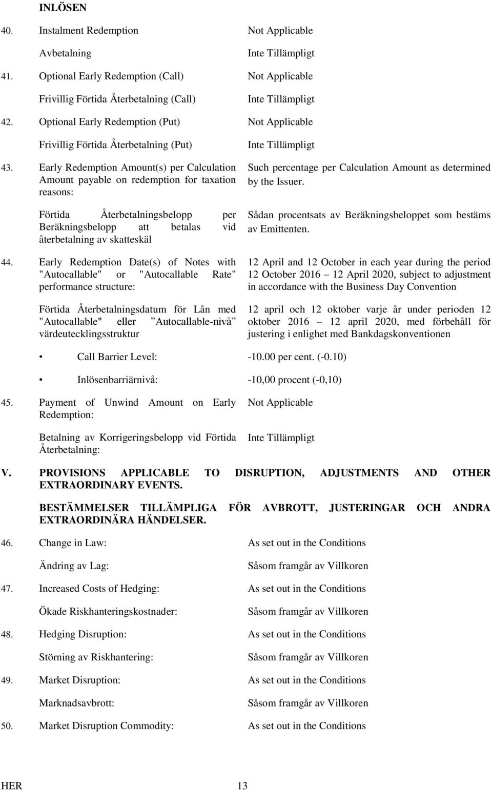 Early Redemption Amount(s) per Calculation Amount payable on redemption for taxation reasons: Förtida Återbetalningsbelopp per Beräkningsbelopp att betalas vid återbetalning av skatteskäl 44.