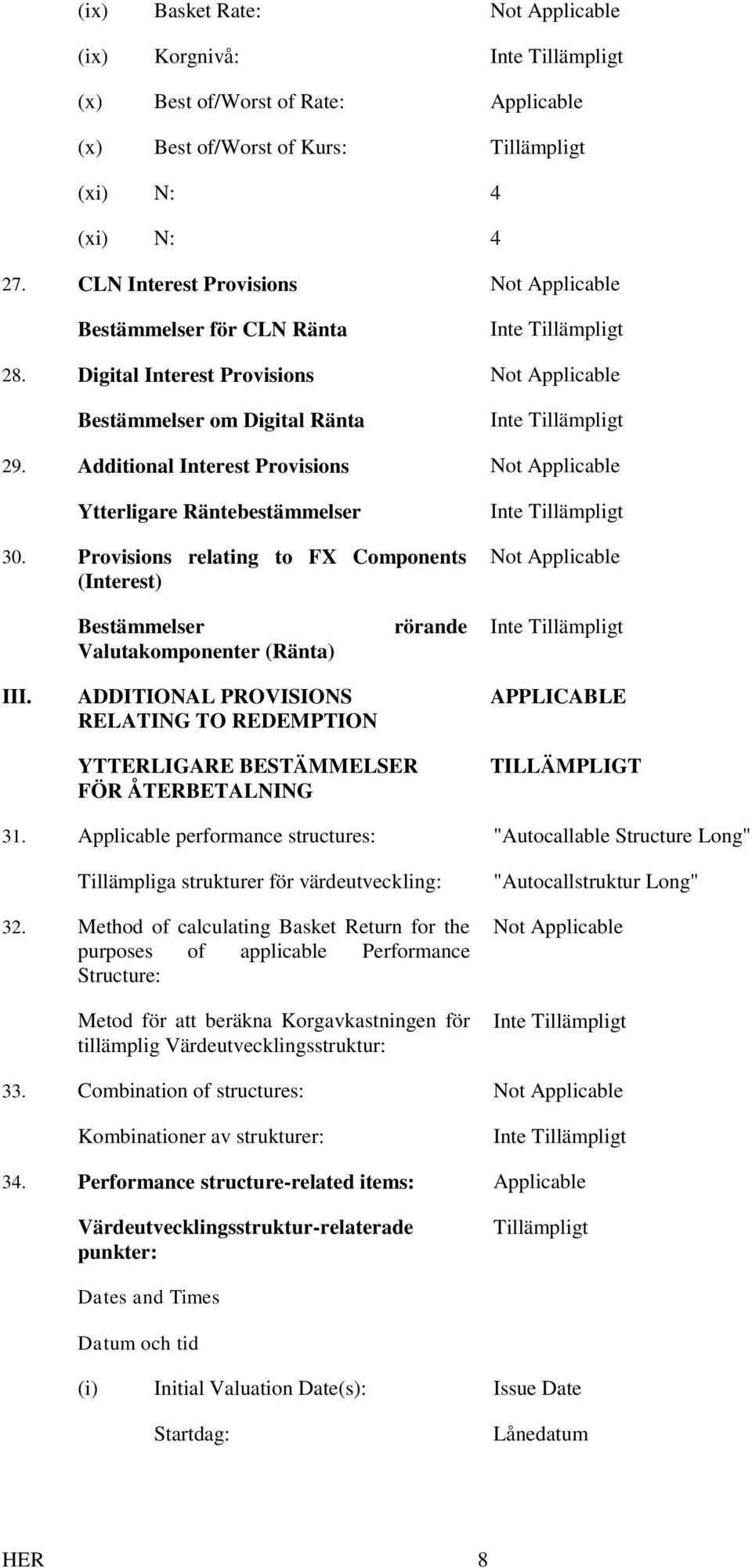 Additional Interest Provisions Not Applicable Ytterligare Räntebestämmelser 30. Provisions relating to FX Components (Interest) Not Applicable Bestämmelser Valutakomponenter (Ränta) rörande III.