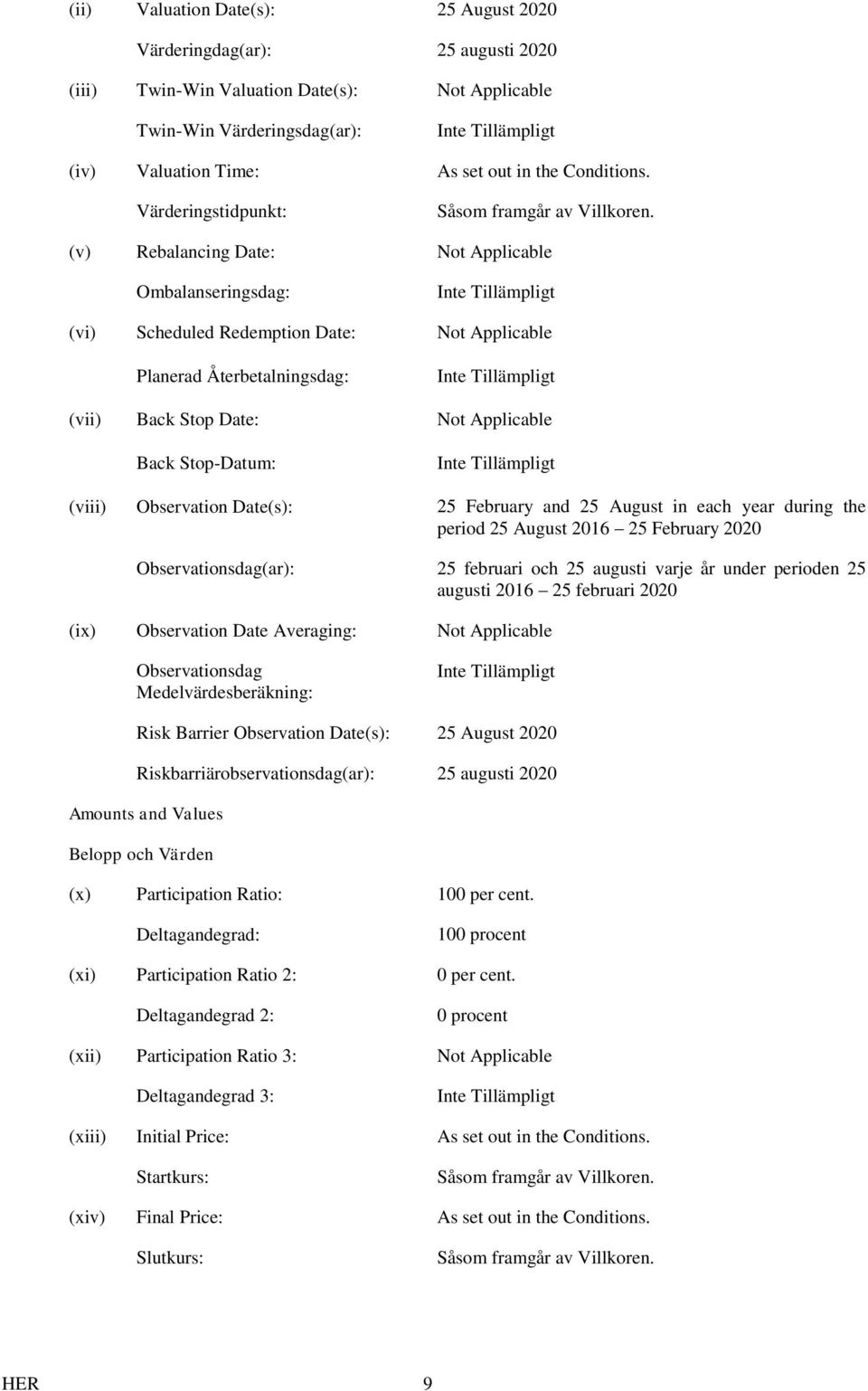 (v) Rebalancing Date: Not Applicable Ombalanseringsdag: (vi) Scheduled Redemption Date: Not Applicable Planerad Återbetalningsdag: (vii) Back Stop Date: Not Applicable Back Stop-Datum: (viii)