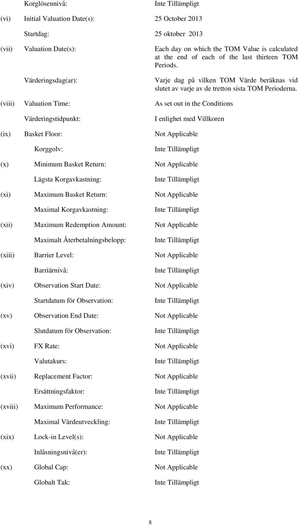 (viii) Valuation Time: As set out in the Conditions Värderingstidpunkt: I enlighet med Villkoren (ix) Basket Floor: Not Applicable Korggolv: (x) Minimum Basket Return: Not Applicable Lägsta