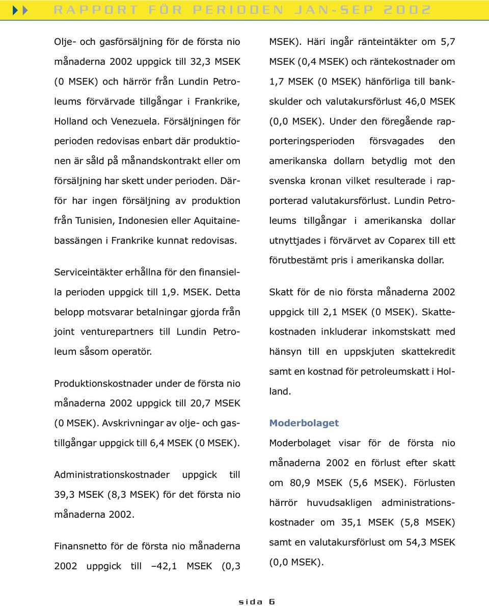 Därför har ingen försäljning av produktion från Tunisien, Indonesien eller Aquitainebassängen i Frankrike kunnat redovisas. Serviceintäkter erhållna för den finansiella perioden uppgick till 1,9.