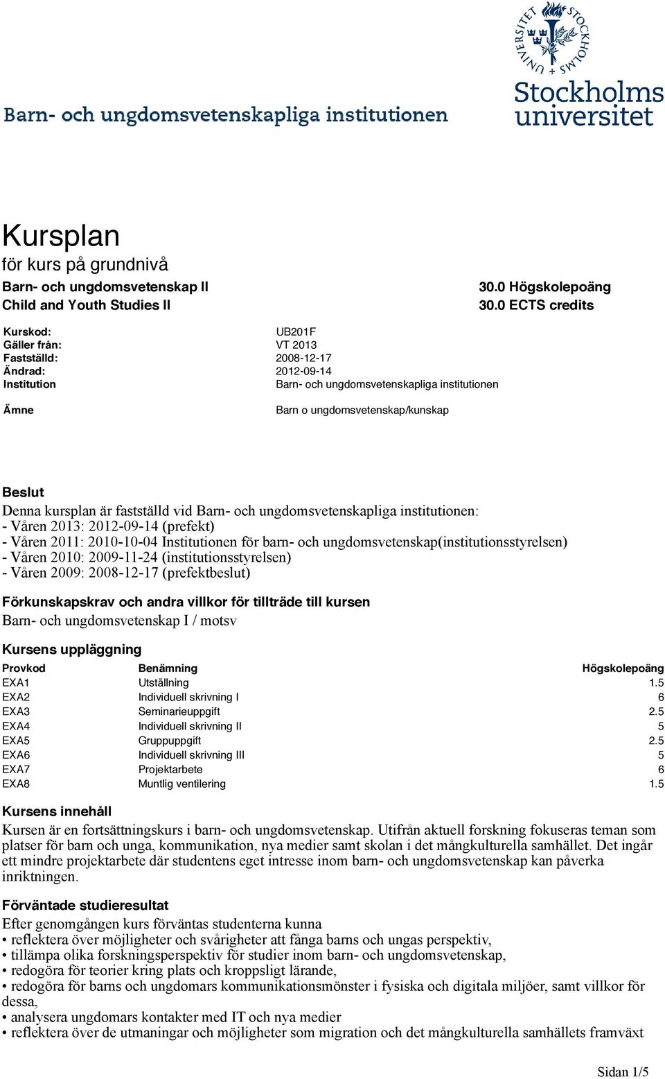 Denna kursplan är fastställd vid Barn- och ungdomsvetenskapliga institutionen: - Våren 2013: 2012-09-14 (prefekt) - Våren 2011: 2010-10-04 Institutionen för barn- och