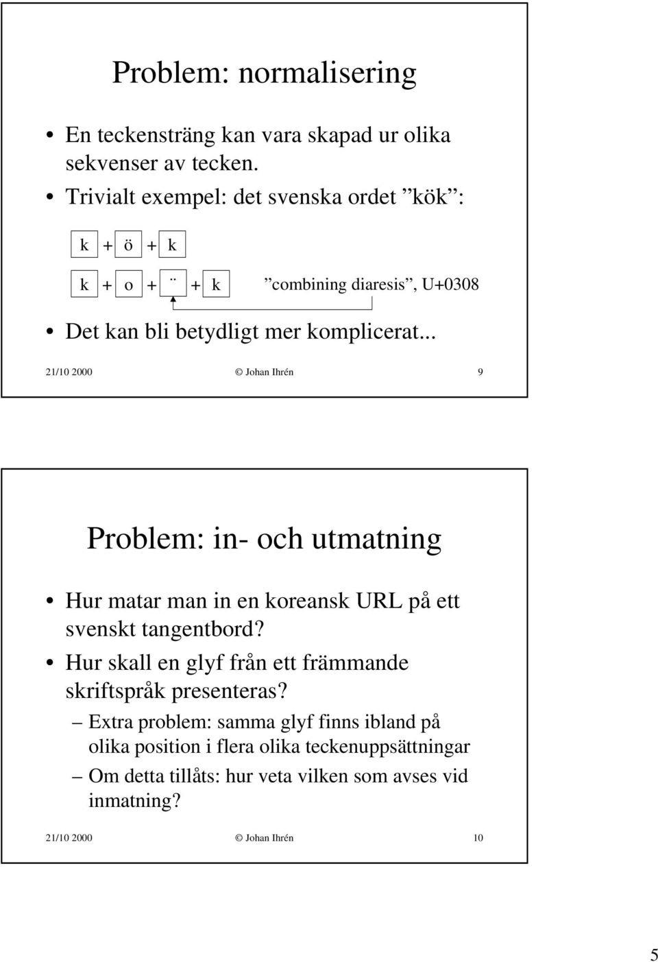 .. 21/10 2000 Johan Ihrén 9 Problem: in- och utmatning Hur matar man in en koreansk URL på ett svenskt tangentbord?