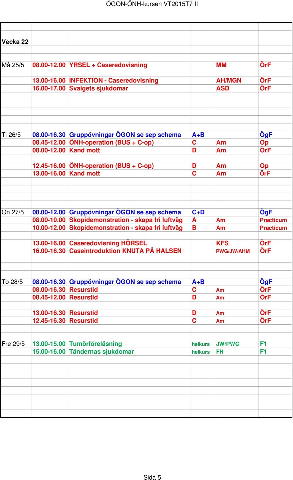 00-10.00 Skopidemonstration - skapa fri luftväg A Am Practicum 10.00-12.00 Skopidemonstration - skapa fri luftväg B Am Practicum 13.00-16.00 Caseredovisning HÖRSEL KFS ÖrF 16.00-16.30 Caseintroduktion KNUTA PÅ HALSEN PWG/JW/AHM ÖrF To 28/5 08.