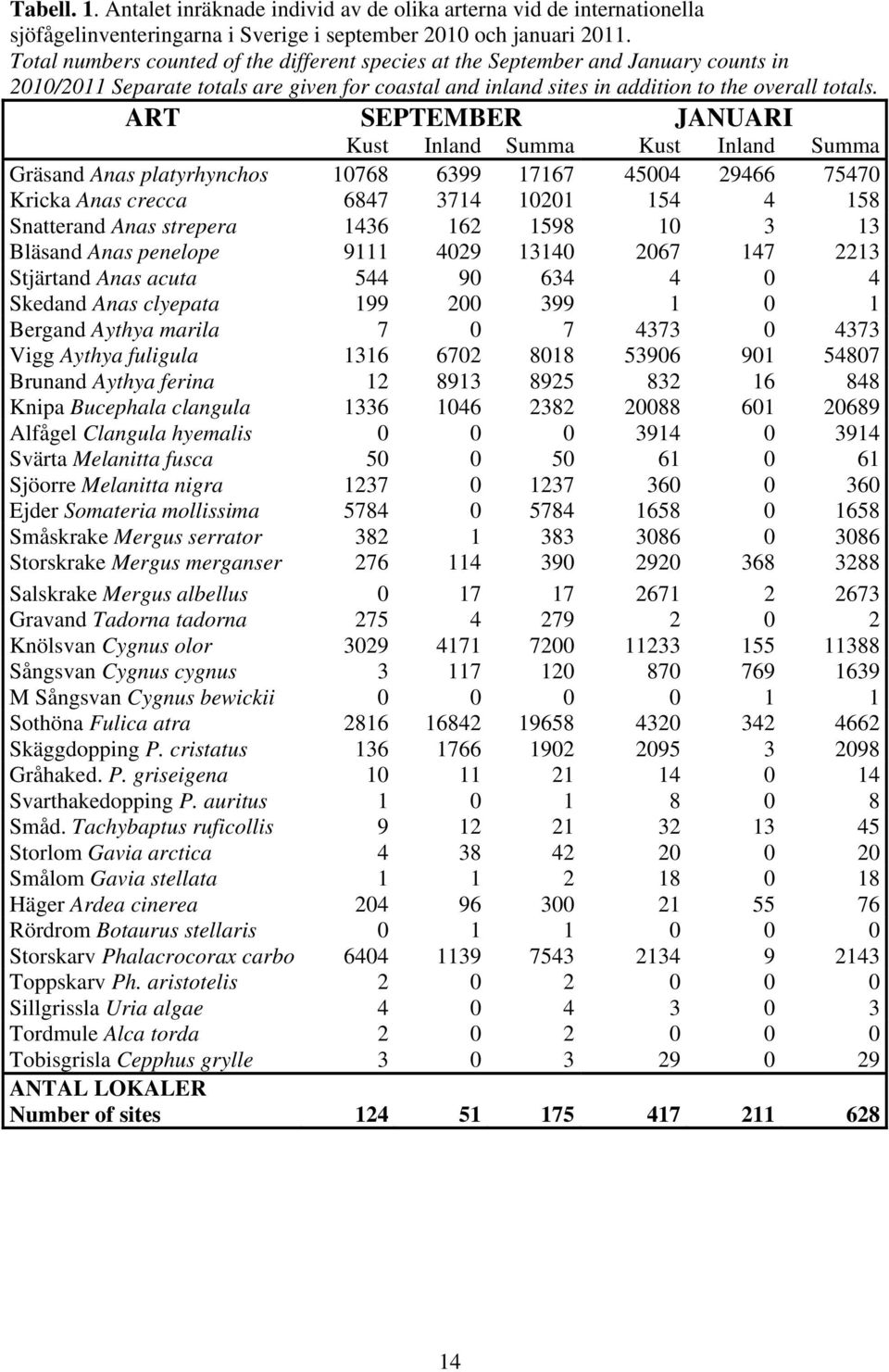ART SEPTEMBER JANUARI Kust Inland Summa Kust Inland Summa Gräsand Anas platyrhynchos 1768 6399 17167 454 29466 7547 Kricka Anas crecca 6847 3714 121 154 4 158 Snatterand Anas strepera 1436 162 1598 1