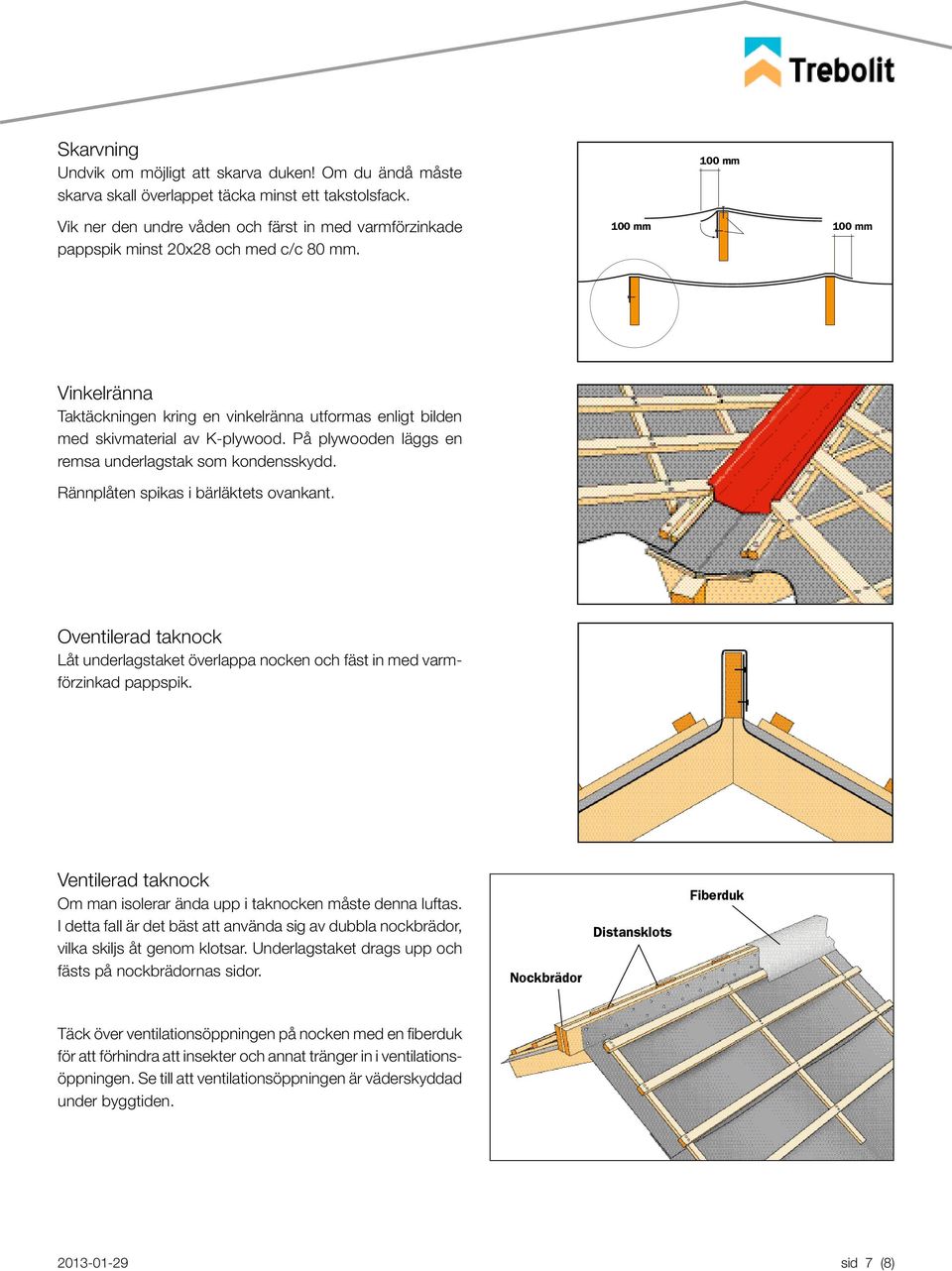 100 mm 100 mm 100 mm Vinkelränna Taktäckningen kring en vinkelränna utformas enligt bilden med skivmaterial av K-plywood. På plywooden läggs en remsa underlagstak som kondensskydd.