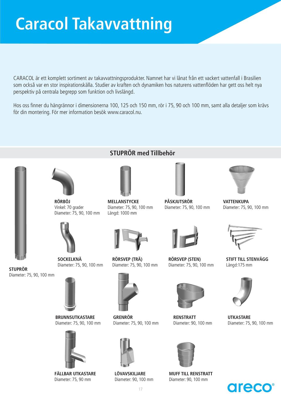 Hos oss finner du hängrännor i dimensionerna 100, 125 och 150 mm, rör i 75, 90 och 100 mm, samt alla detaljer som krävs för din montering. För mer information besök www.caracol.nu.