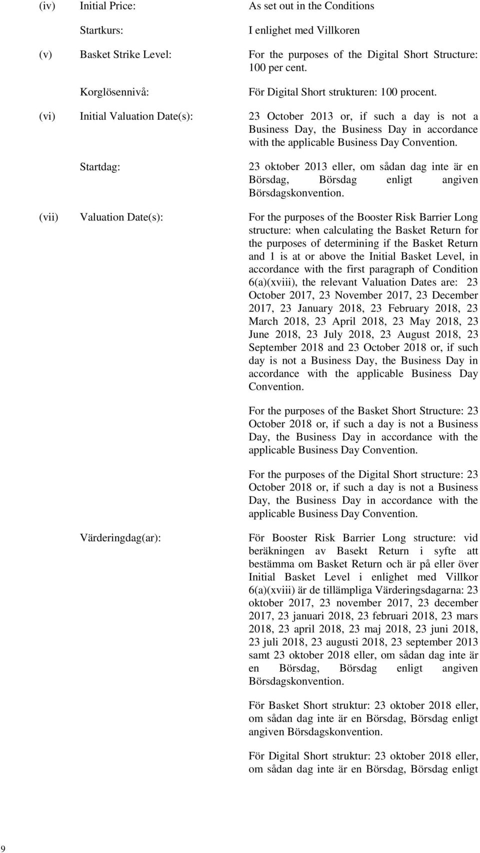 (vi) Initial Valuation Date(s): 23 October 2013 or, if such a day is not a Business Day, the Business Day in accordance with the applicable Business Day Convention.