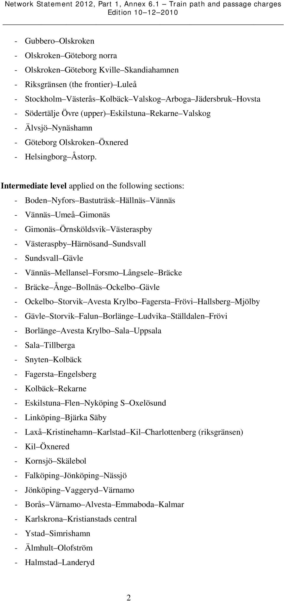 Intermediate level applied on the following sections: - Boden Nyfors Bastuträsk Hällnäs Vännäs - Vännäs Umeå Gimonäs - Gimonäs Örnsköldsvik Västeraspby - Västeraspby Härnösand Sundsvall - Sundsvall