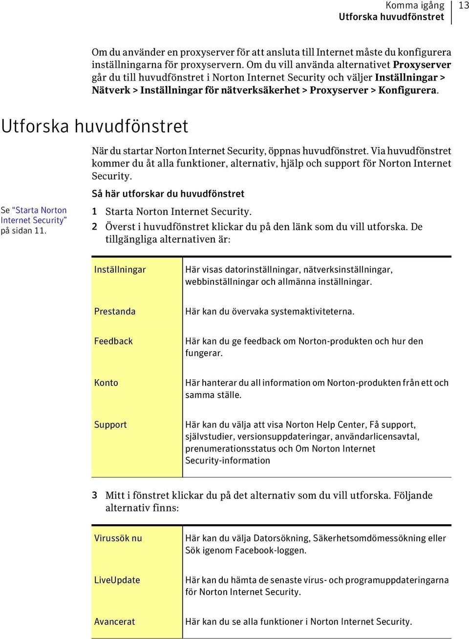 Utforska huvudfönstret När du startar Norton Internet Security, öppnas huvudfönstret. Via huvudfönstret kommer du åt alla funktioner, alternativ, hjälp och support för Norton Internet Security.