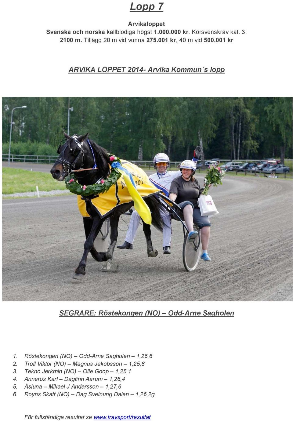 001 kr ARVIKA LOPPET 2014- Arvika Kommun s lopp SEGRARE: Röstekongen (NO) Odd-Arne Sagholen 1.