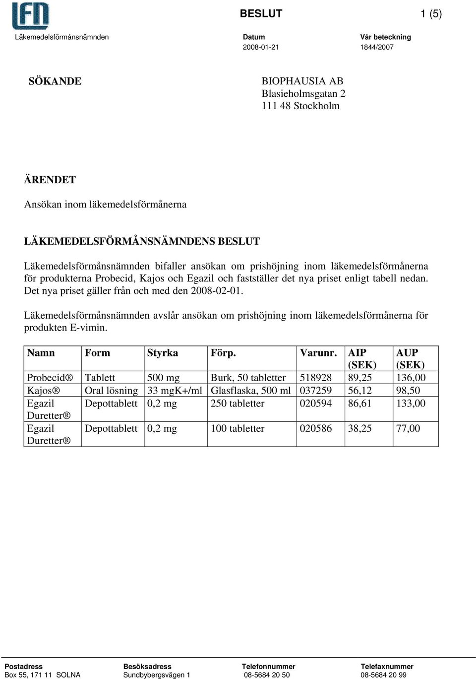 Det nya priset gäller från och med den 2008-02-01. Läkemedelsförmånsnämnden avslår ansökan om prishöjning inom läkemedelsförmånerna för produkten E-vimin. Namn Form Styrka Förp. Varunr.