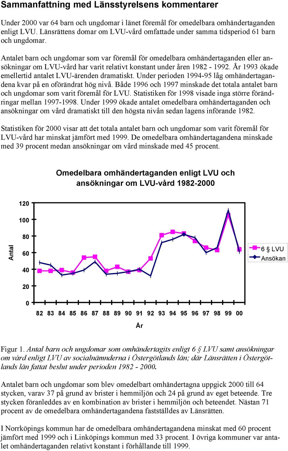 Antalet barn och ungdomar som var föremål för omedelbara omhändertaganden eller ansökningar om LVU-vård har varit relativt konstant under åren 1982-1992.